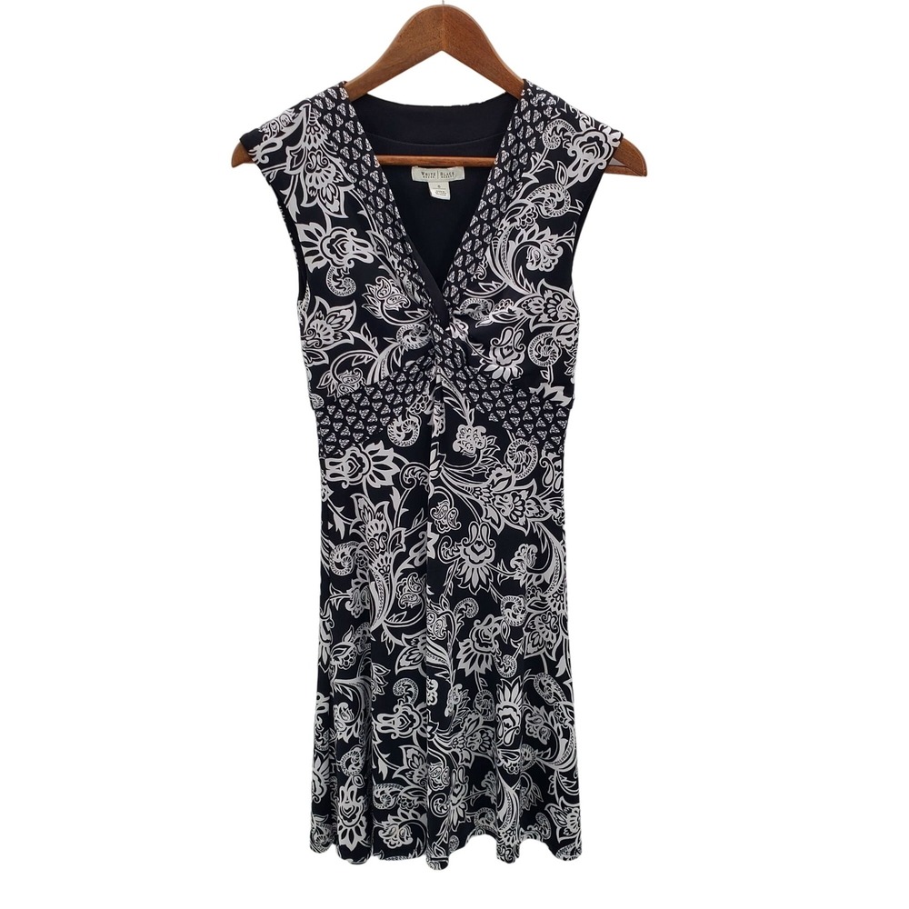 White House Black Market Black White Floral Sleeveless V-neck Dress‎ Womens 0